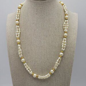 Vintage Trifari TM White Faux Pearl Necklace 19 inch Gold Tone Spacers 3 Strand
